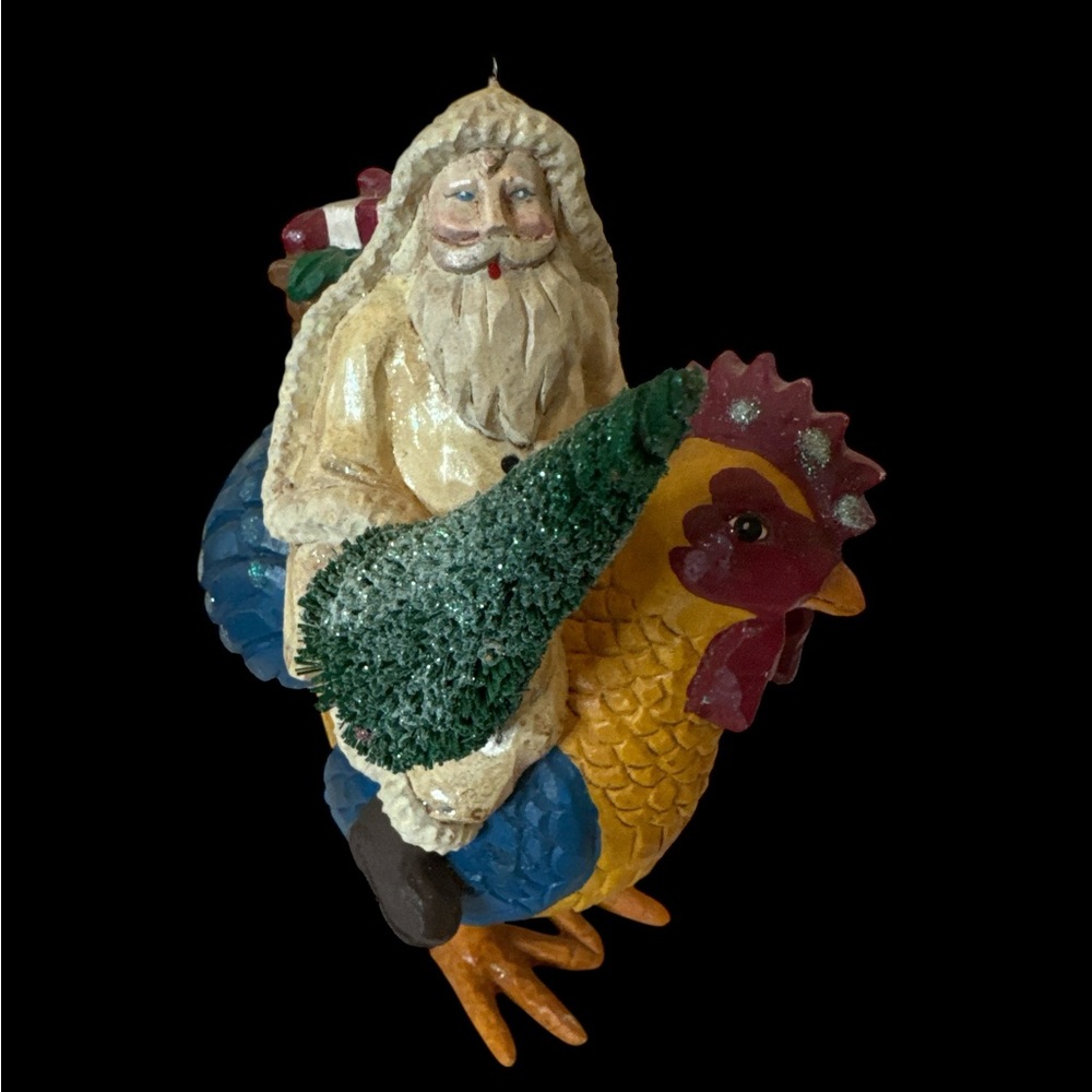 Folk Art Santa Riding a Rooster Ceramic Figurine or ornament. (R 2 110125)